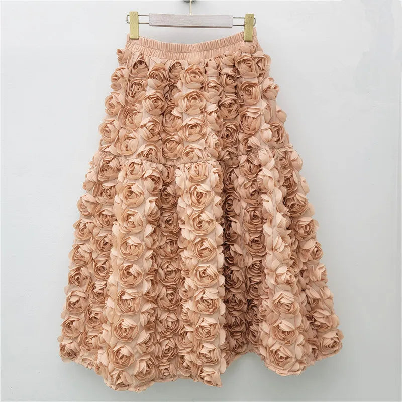 Versatile Three Dimensional Flower Mid-calf High Waist Big Swing Skirt