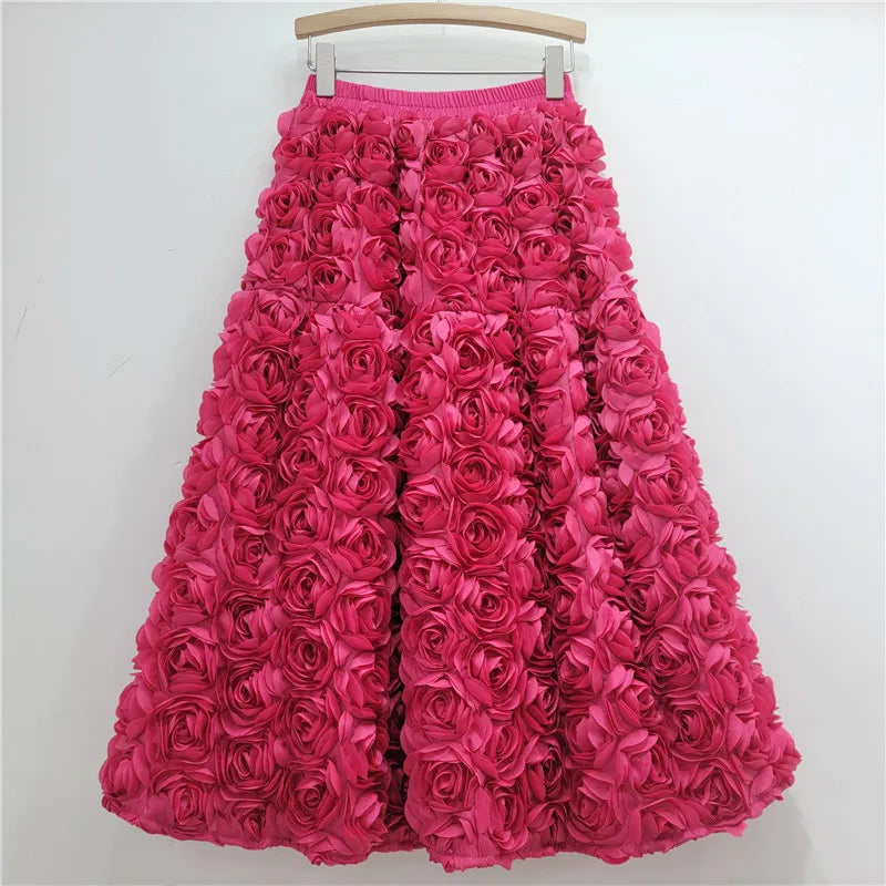 Versatile Three Dimensional Flower Mid-calf High Waist Big Swing Skirt