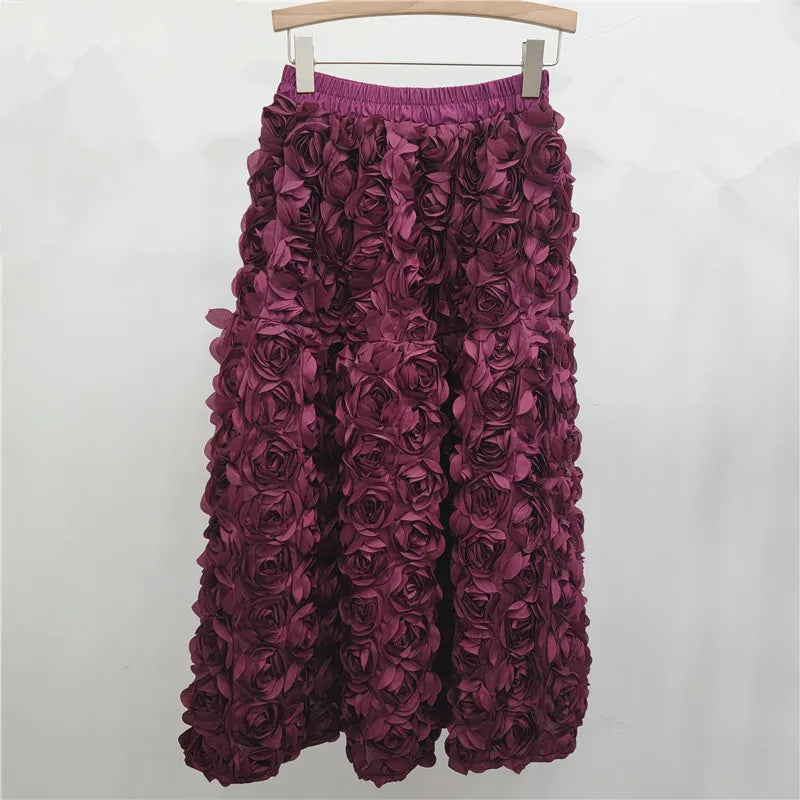 Versatile Three Dimensional Flower Mid-calf High Waist Big Swing Skirt