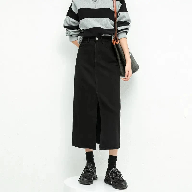 Women's Denim High Waisted Loose A-Line Mid-Length Skirt