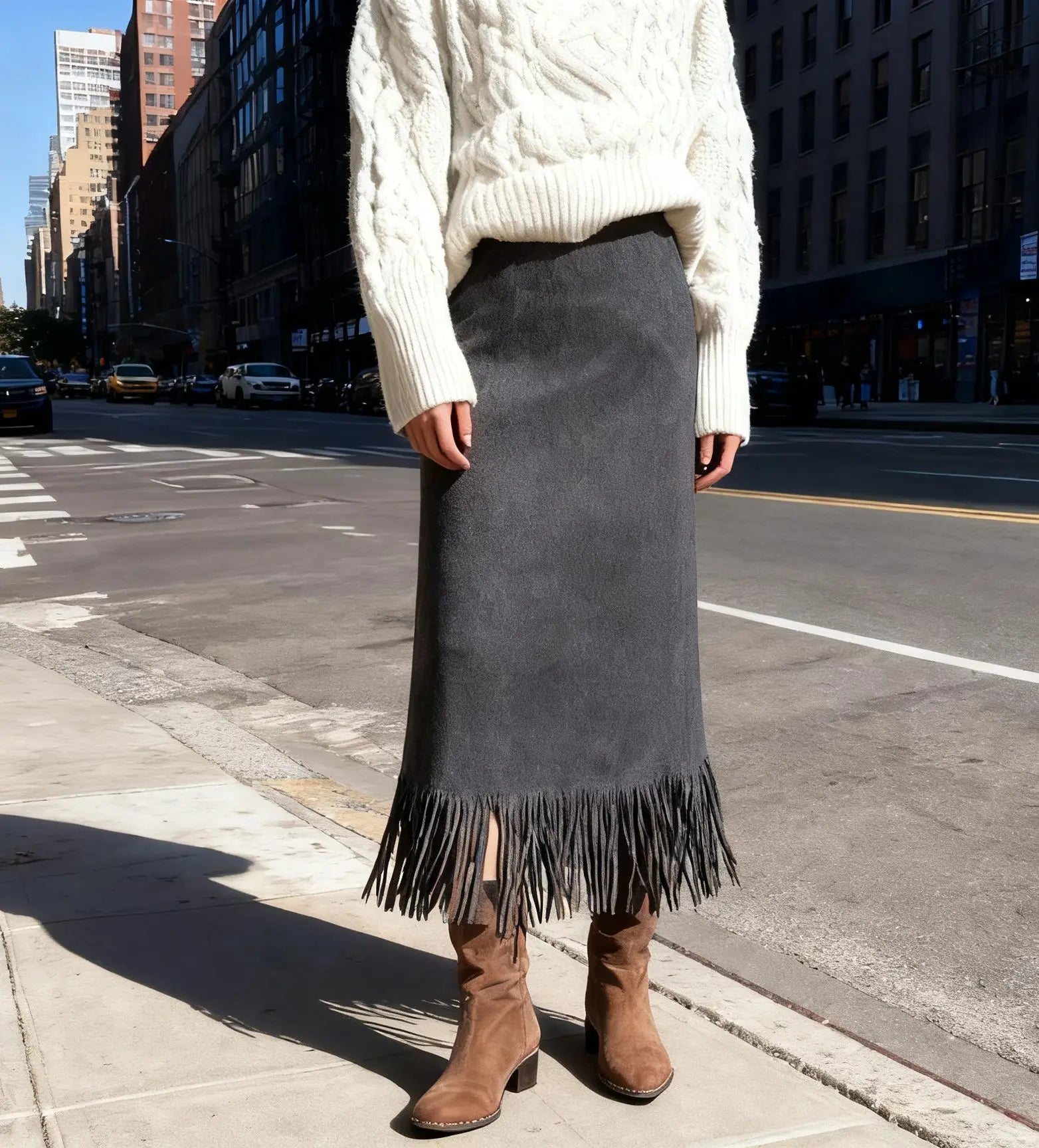 Vintage Fashionable Fringed Long Suede Skirt