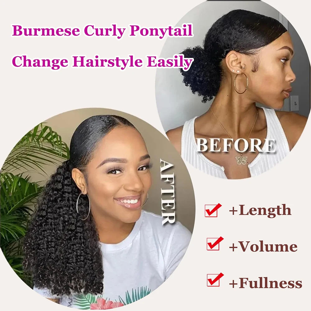 Curly Human Hair Ponytail Clip-Ins Drawstring with Spiral Curls