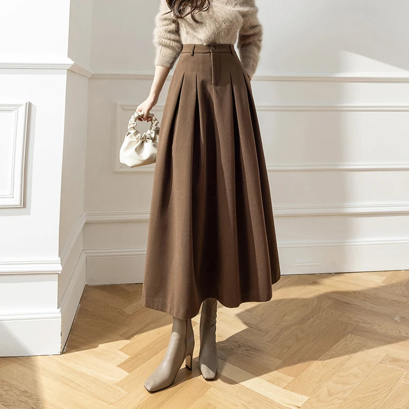 Winter Wool Pleated Maxi Long Skirt with High Waist