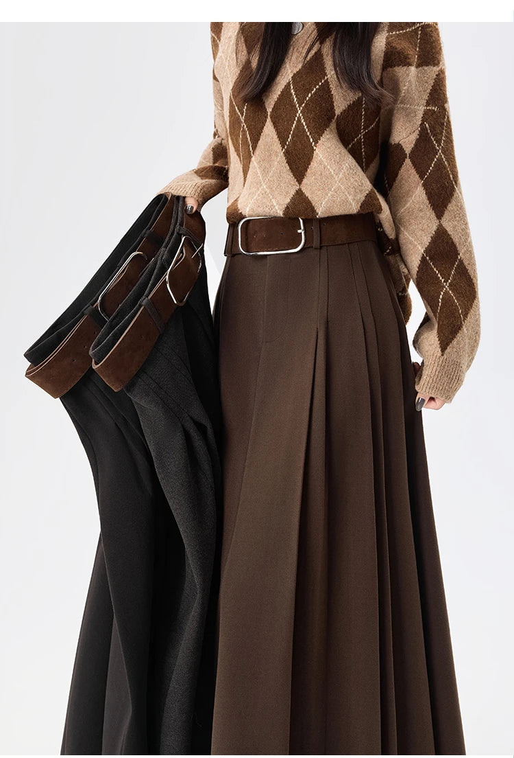 High Quality Woolen Mid-length Pleated Skirt with Belt