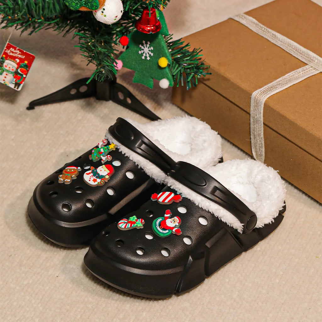 Comfortable Cartoon Christmas Slippers with Plush Lining and Round Toe