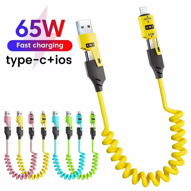 Quick Charger Spring USB Cable 4 in 1 Spring Data Cable 6A USB Type C Spring Telescopic Wire for iPhone iPad MacBook