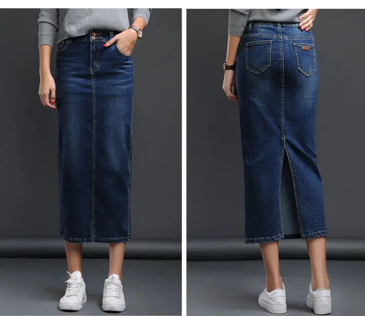 Classic Denim Long High Waist Pencil Jean Stretch Skirt