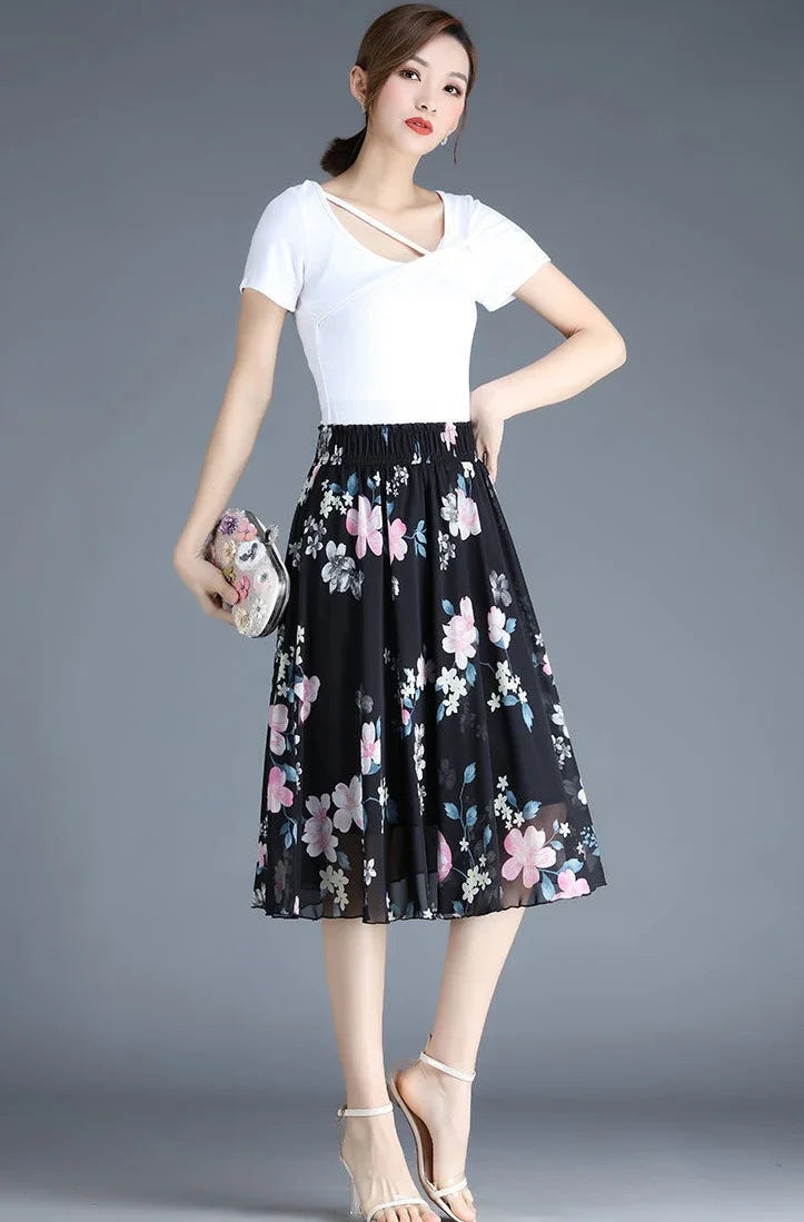 Chiffon Floral Midi Summer Luxury Elegant Casual Skirt