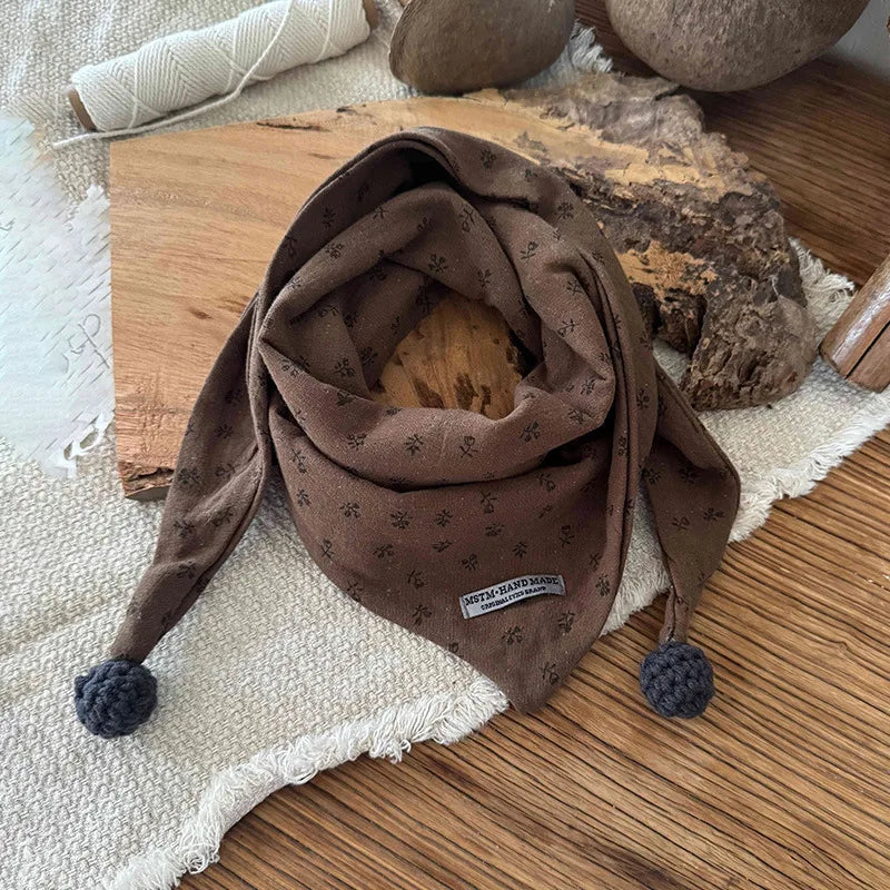Children's Cotton Brown Floral Print Style Winter Scarf - Windproof Triangle Shawl