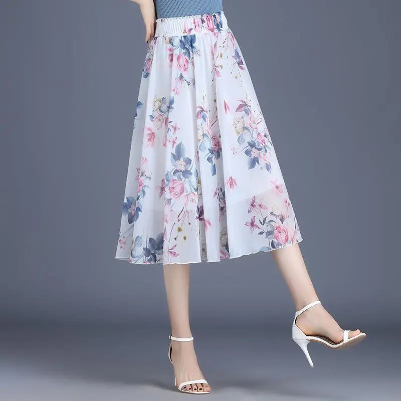 Chiffon Floral Midi Summer Luxury Elegant Casual Skirt