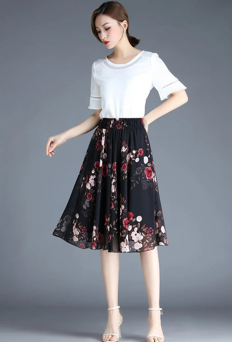 Chiffon Floral Midi Summer Luxury Elegant Casual Skirt