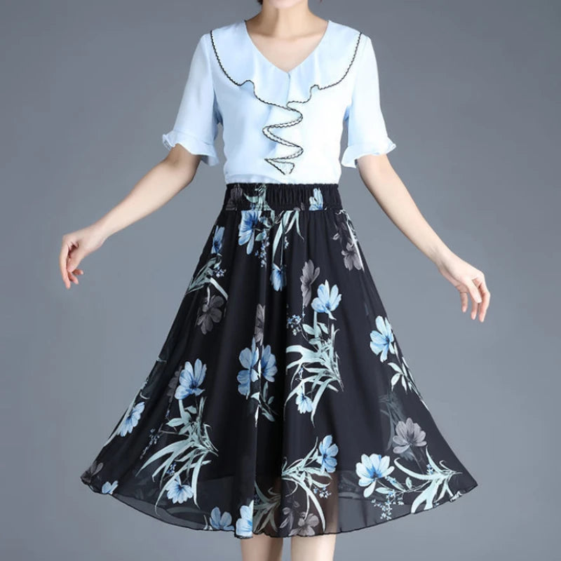 Chiffon Floral Midi Summer Luxury Elegant Casual Skirt