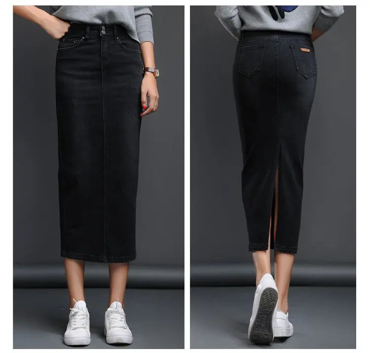 Classic Denim Long High Waist Pencil Jean Stretch Skirt