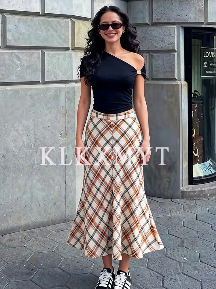 New Fashion Checkered Print Elegant High Waist Skirts