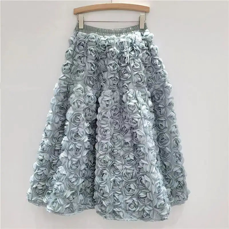 Versatile Three Dimensional Flower Mid-calf High Waist Big Swing Skirt