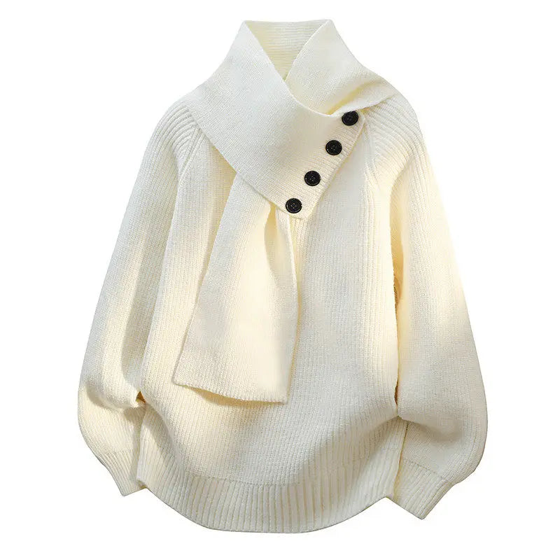 Men's Fashion Casual Scarf Design Pullover Sweater Casual with Loose Button Decor