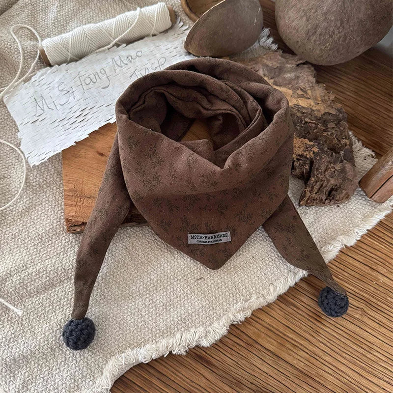 Children's Cotton Brown Floral Print Style Winter Scarf - Windproof Triangle Shawl