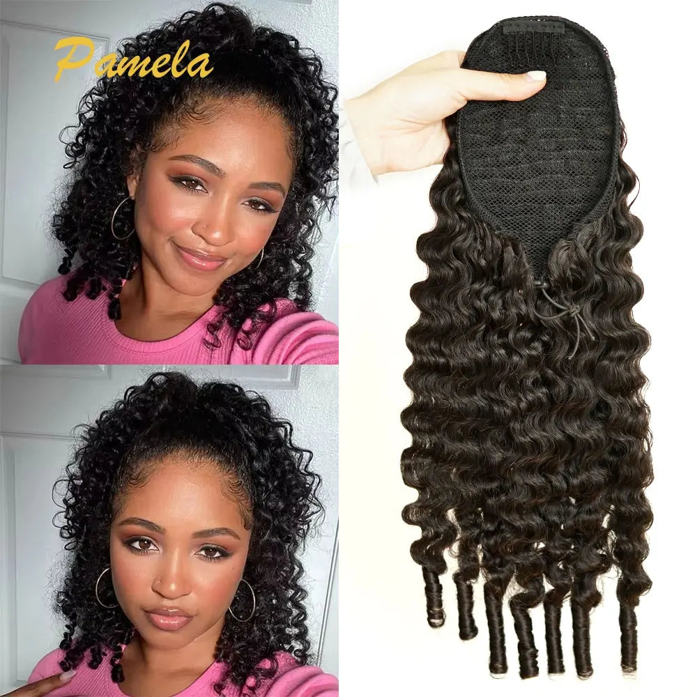 Curly Human Hair Ponytail Clip-Ins Drawstring with Spiral Curls
