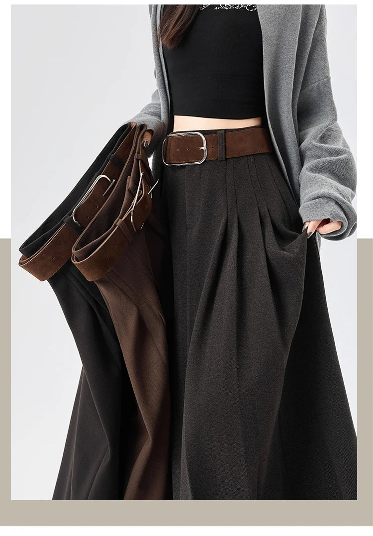 High Quality Woolen Mid-length Pleated Skirt with Belt