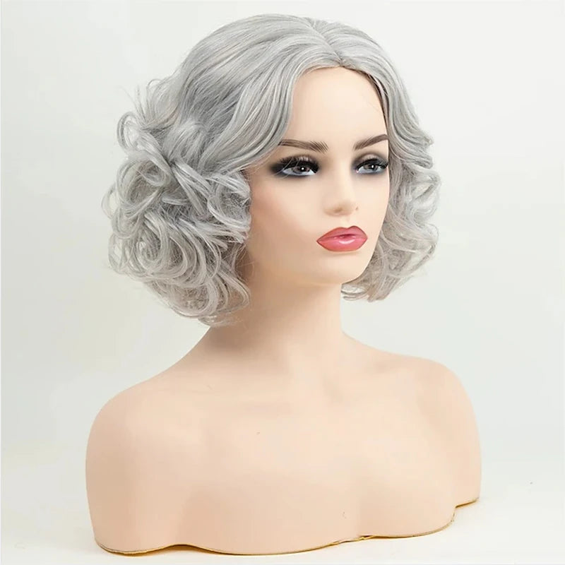 Silver Grey Short Curly Bob Synthetic Hair Wigs