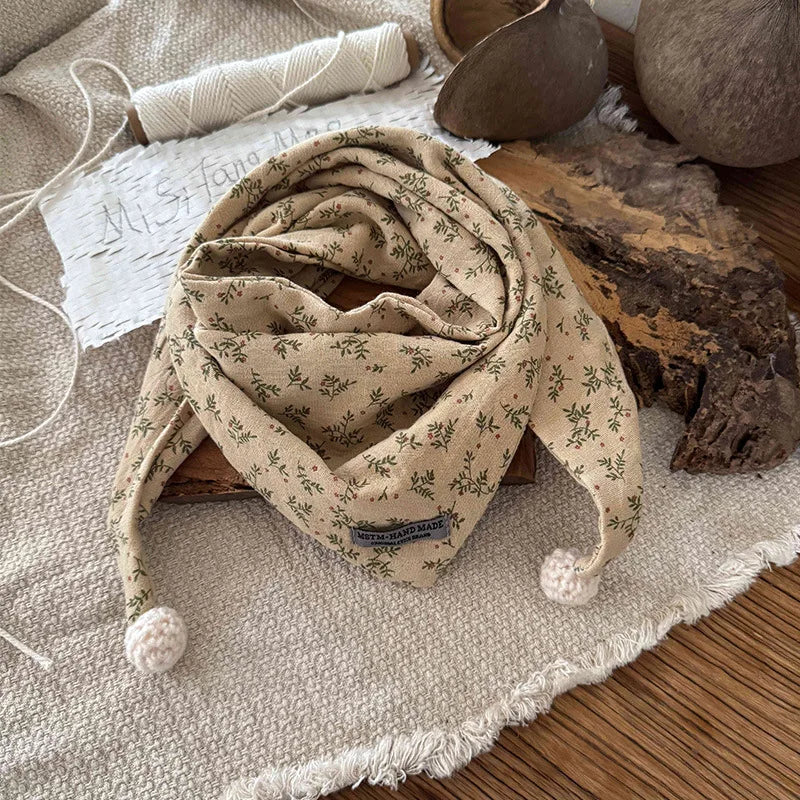 Children's Cotton Brown Floral Print Style Winter Scarf - Windproof Triangle Shawl