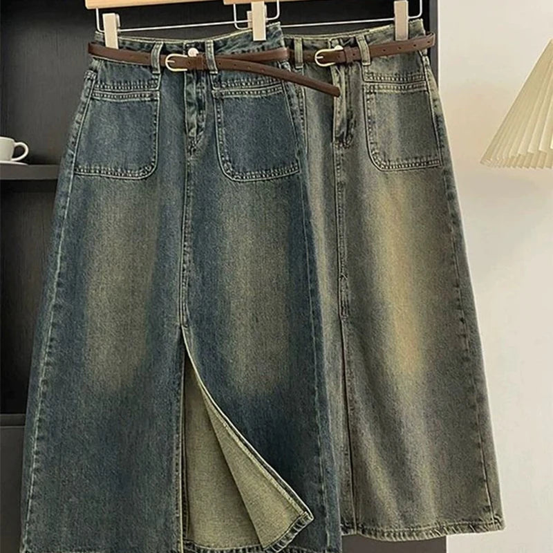 Retro Blue High Waist Split A-Line Jean Skirt