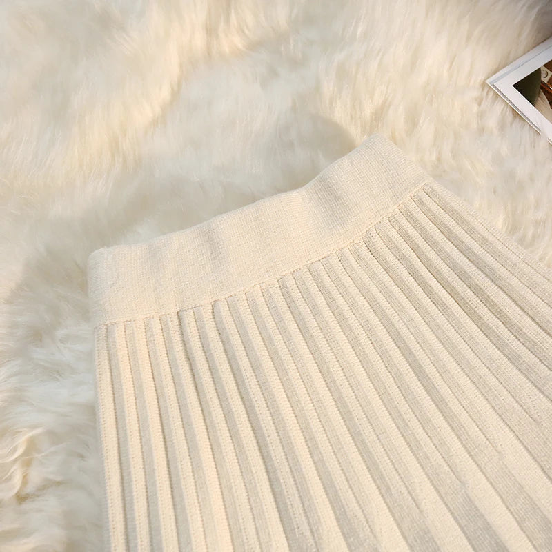 Knit Pleated Elastic High Waist A-Line Umbrella Skirt