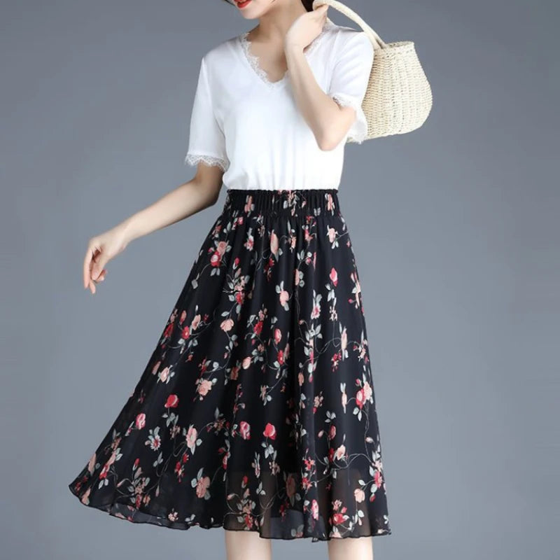 Chiffon Floral Midi Summer Luxury Elegant Casual Skirt