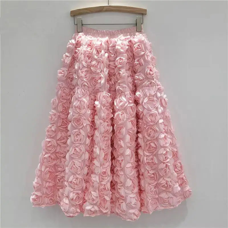 Versatile Three Dimensional Flower Mid-calf High Waist Big Swing Skirt