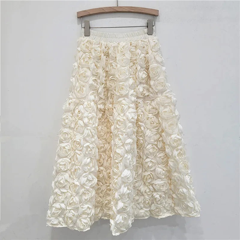 Versatile Three Dimensional Flower Mid-calf High Waist Big Swing Skirt
