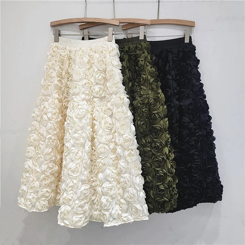 Versatile Three Dimensional Flower Mid-calf High Waist Big Swing Skirt