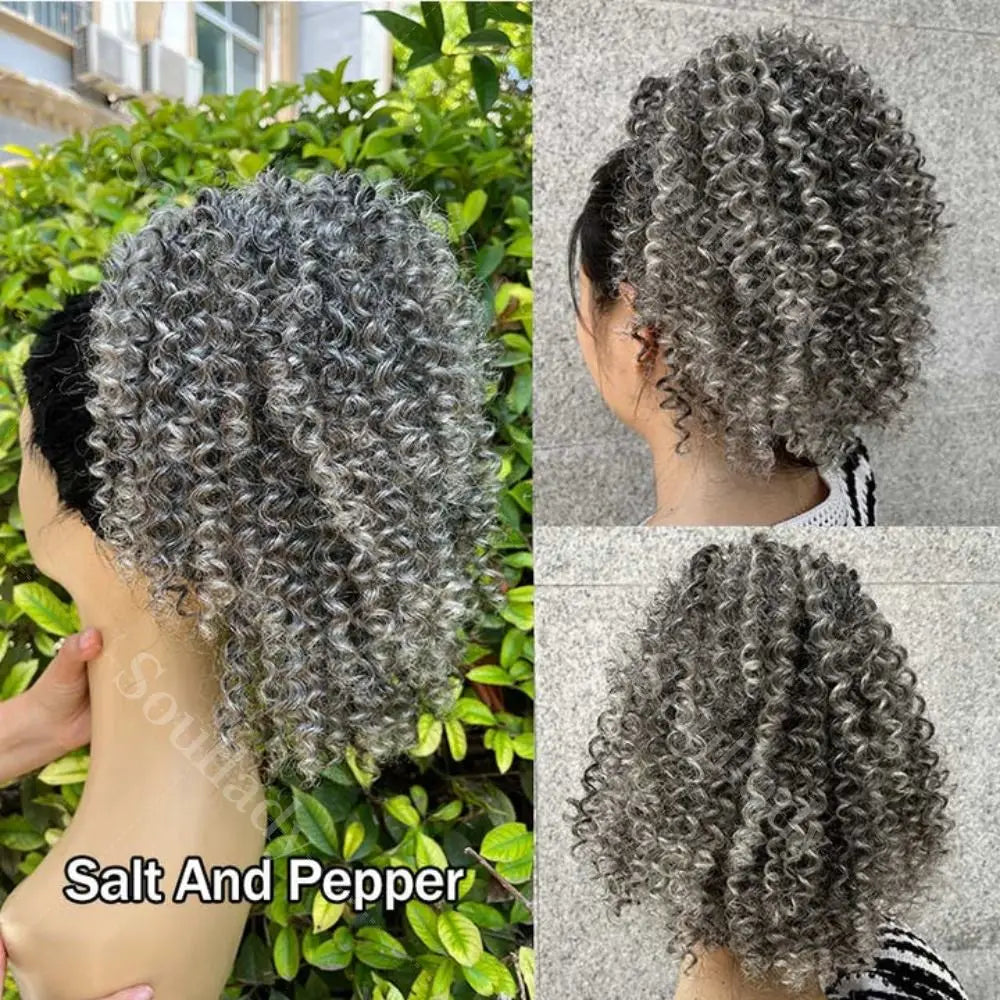 Salt And Pepper Jerry Curly Human Hair Drawstring Ponytail