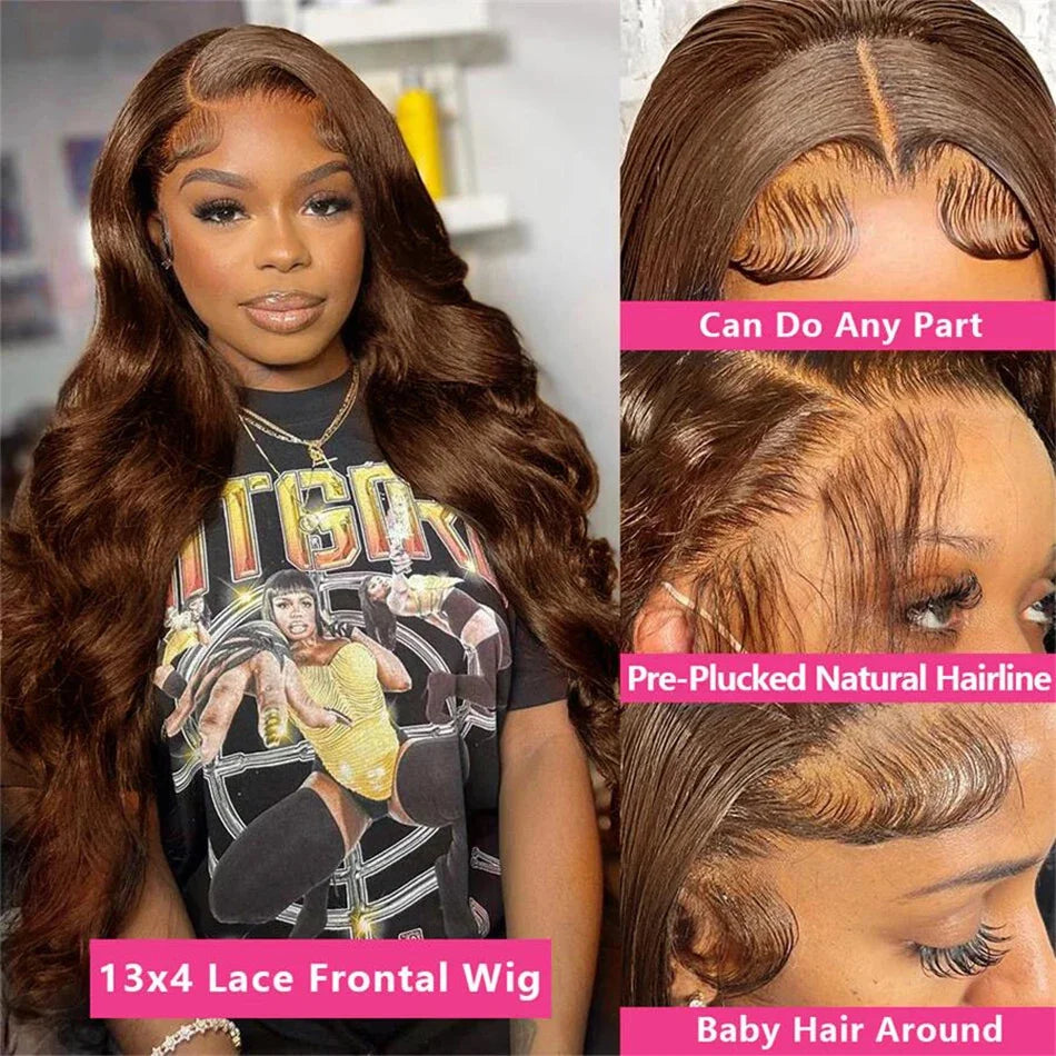 Chocolate Brown Body Wave Transparent Lace Front Human Hair Wig - Pre Plucked
