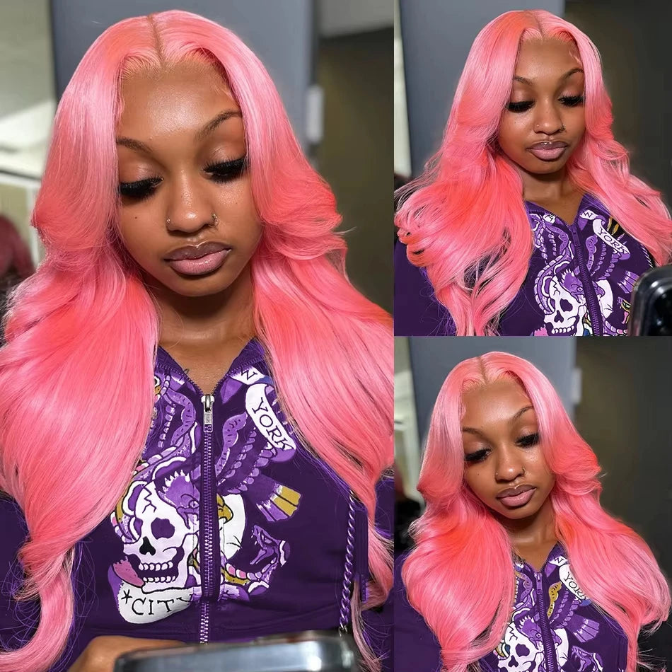 38" Body Wave Human Hair Wigs Lace Front Pink Wig  Wigs - Brazilian
