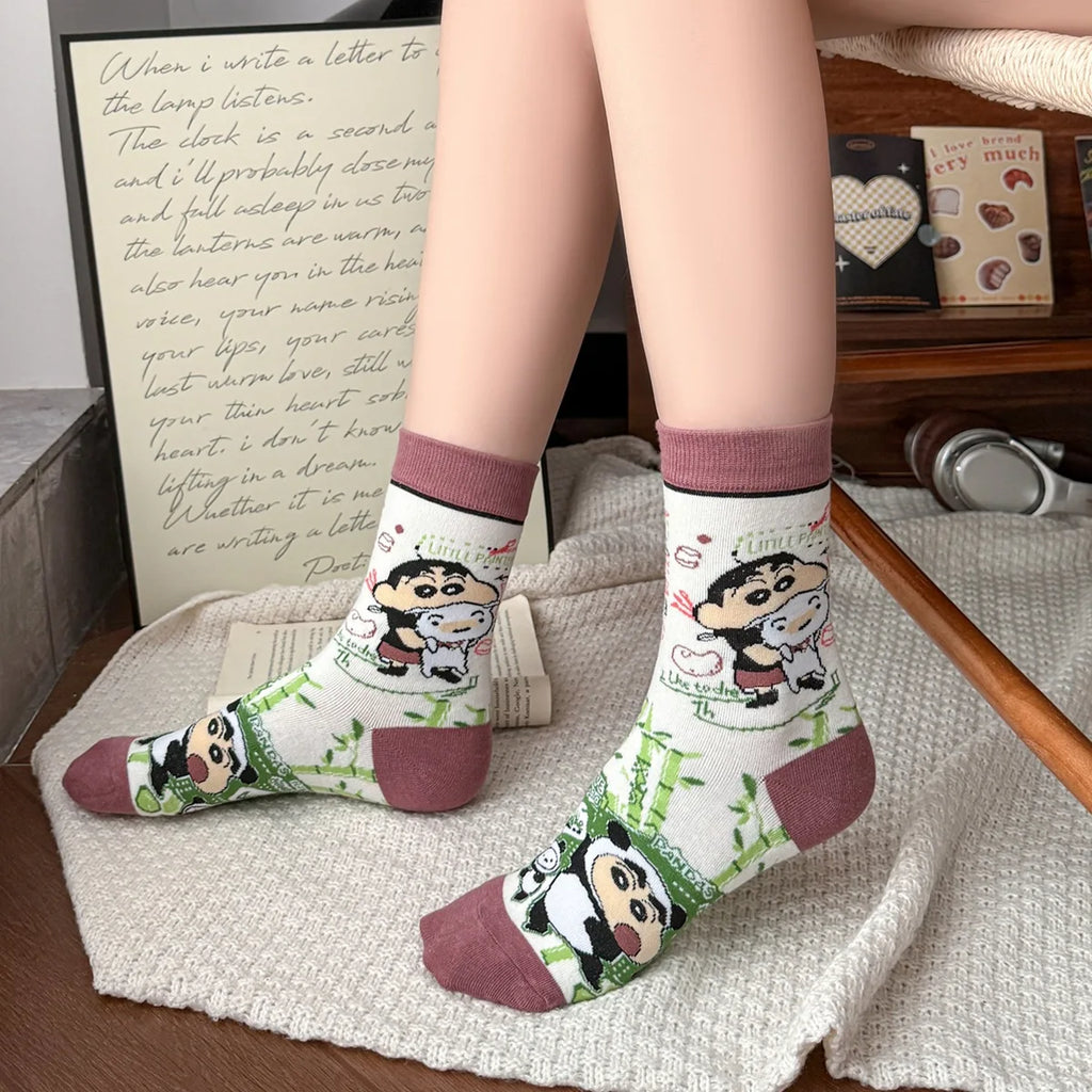 4 Pack Cotton Crayon Shin-Chan & Little Bear Socks - Mid Length Cotton Socks