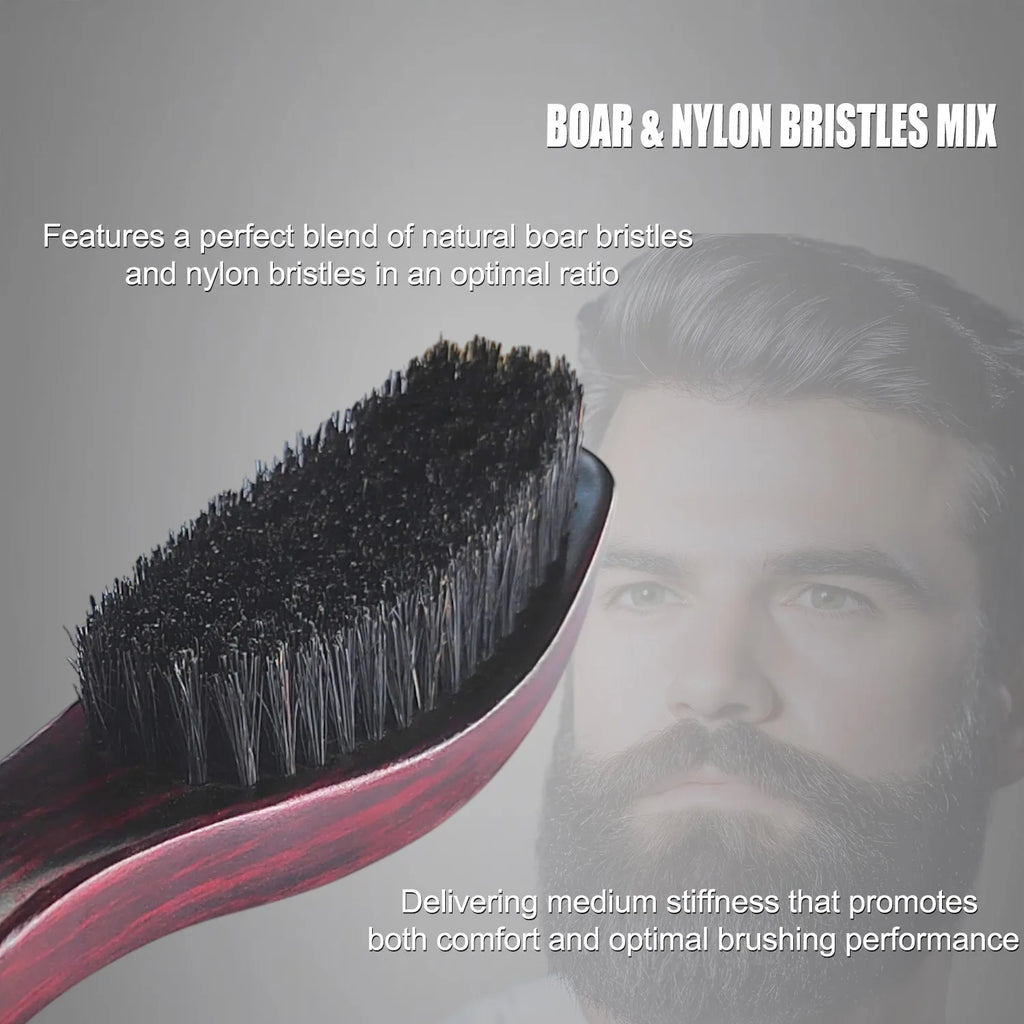 Hair and Beard Brush - Curved Wooden Handle (Medium Stiffness Nylon Boar Bristles)