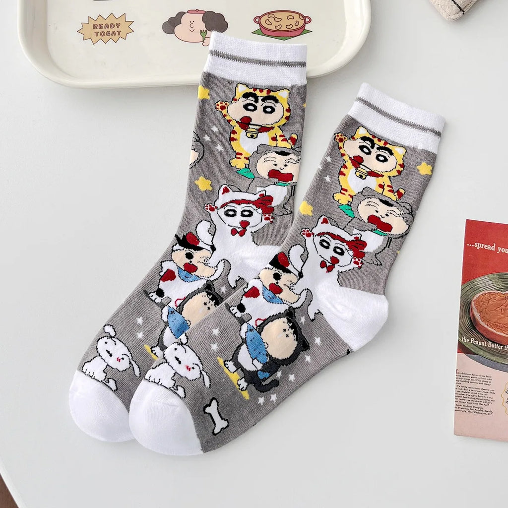 4 Pack Cotton Crayon Shin-Chan & Little Bear Socks - Mid Length Cotton Socks