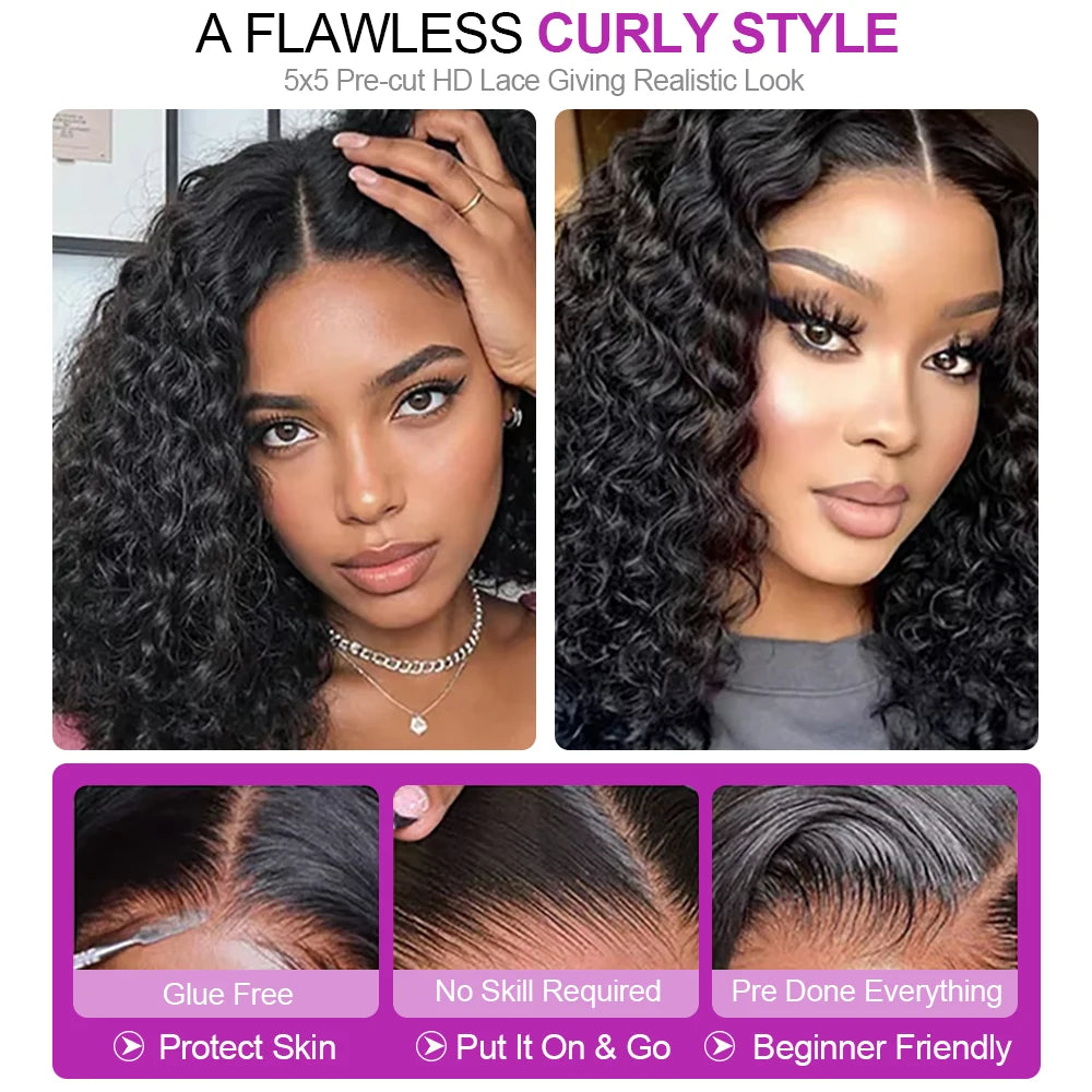Kinky Curly Glueless Braided Deep Wave Lace Front Bob Wig - 100% Human Hair
