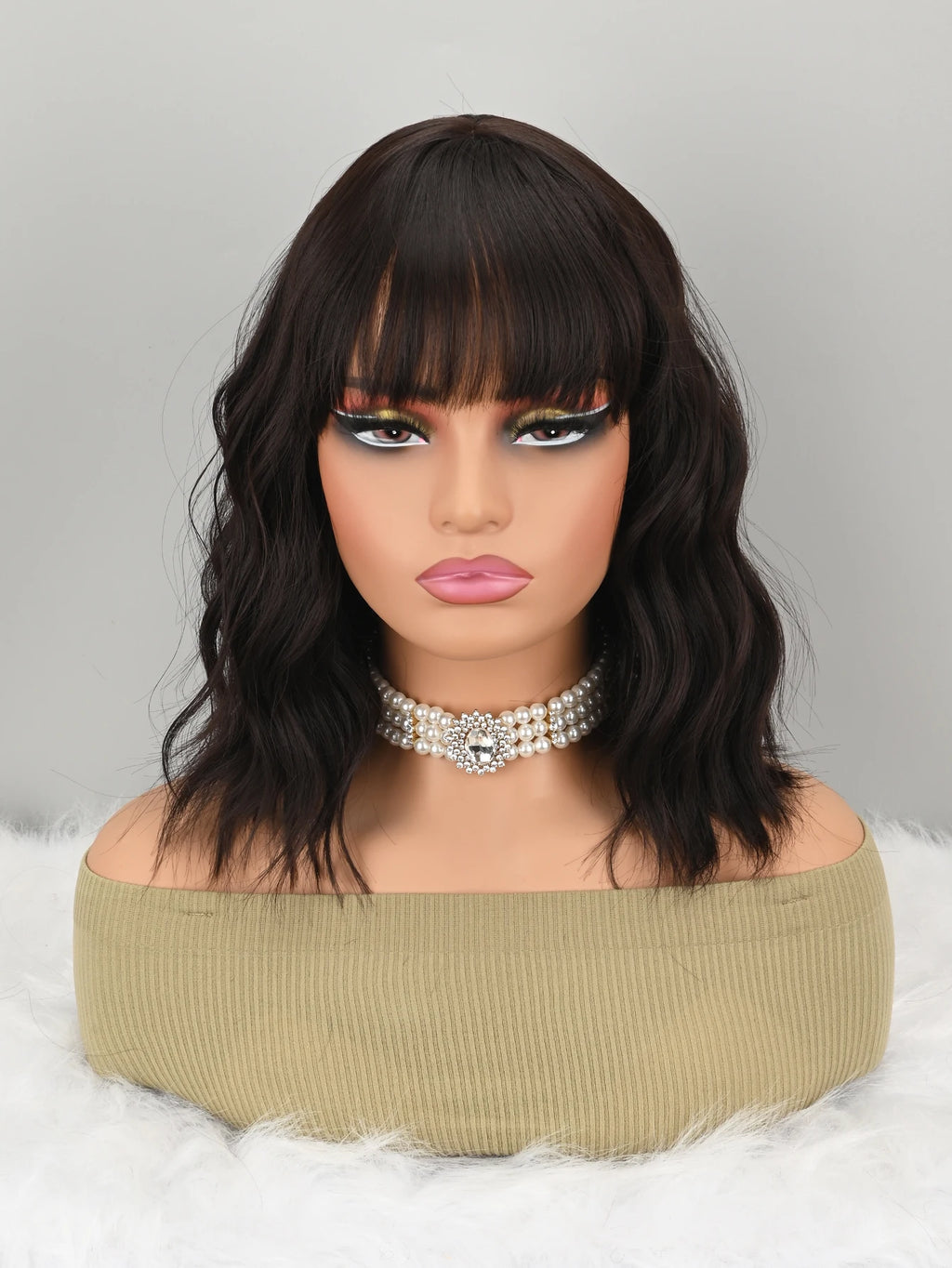 Natural Brown Synthetic Curly Wavy Bob Wig with Bangs