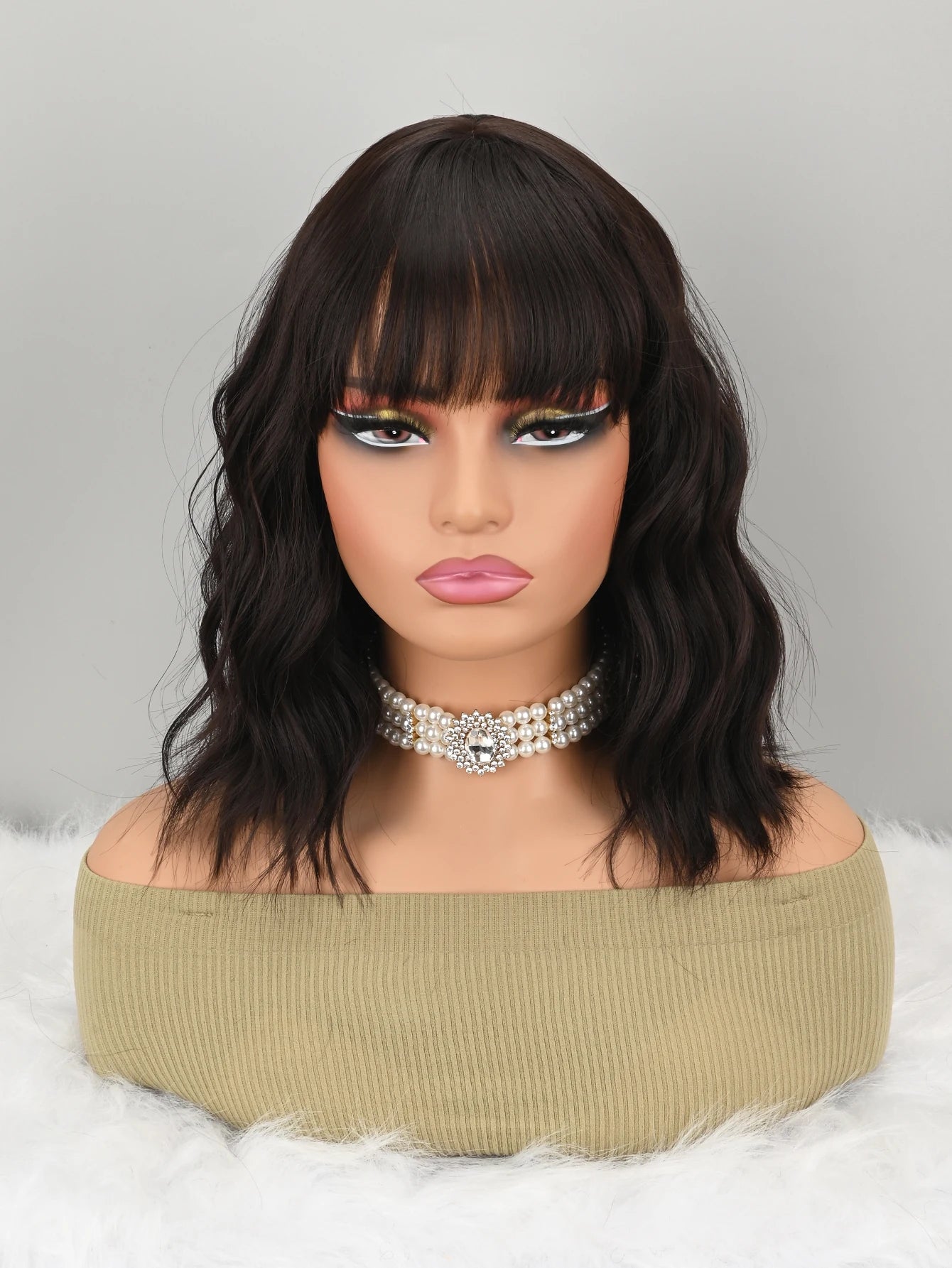 Natural Brown Synthetic Curly Wavy Bob Wig with Bangs