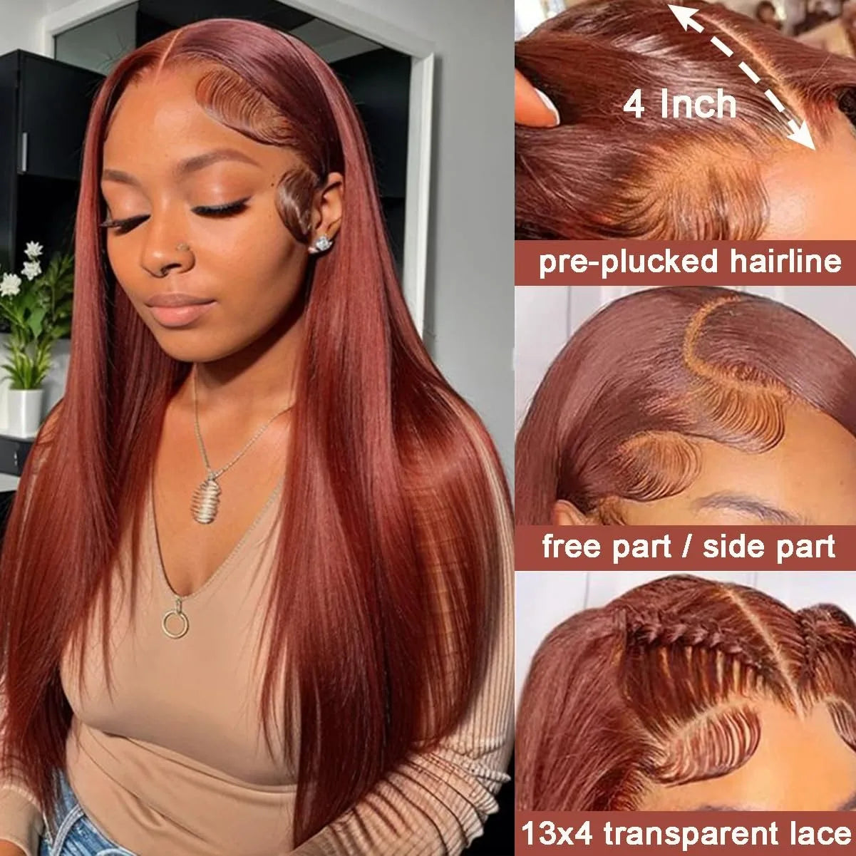 32" Reddish Brown Bone Straight Human Hair Lace Front Wig - Brazilian
