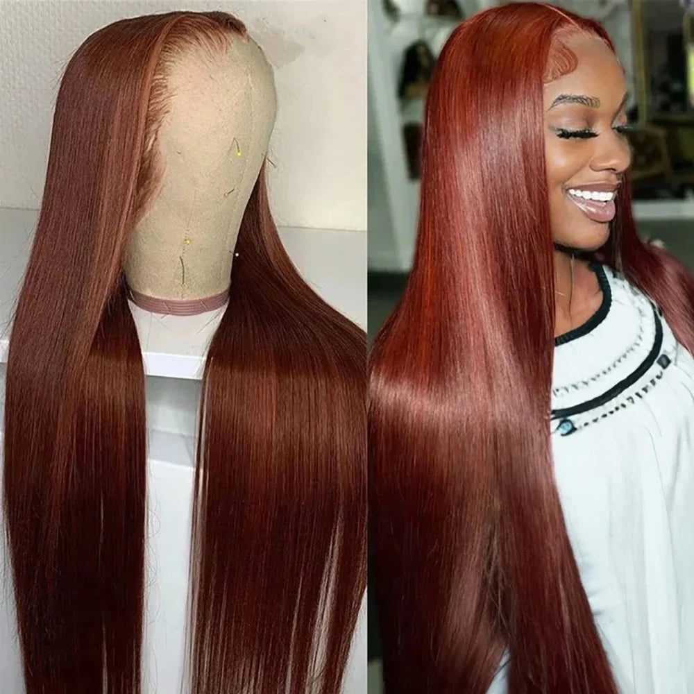 32" Reddish Brown Bone Straight Human Hair Lace Front Wig - Brazilian