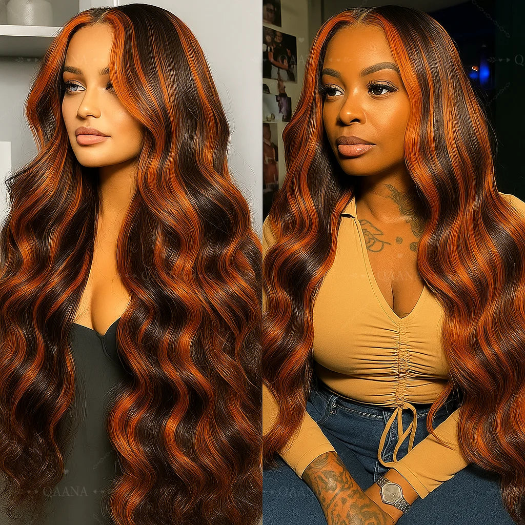 Ginger with Brown Highlight Body Wave Lace Front Human Hair Wig