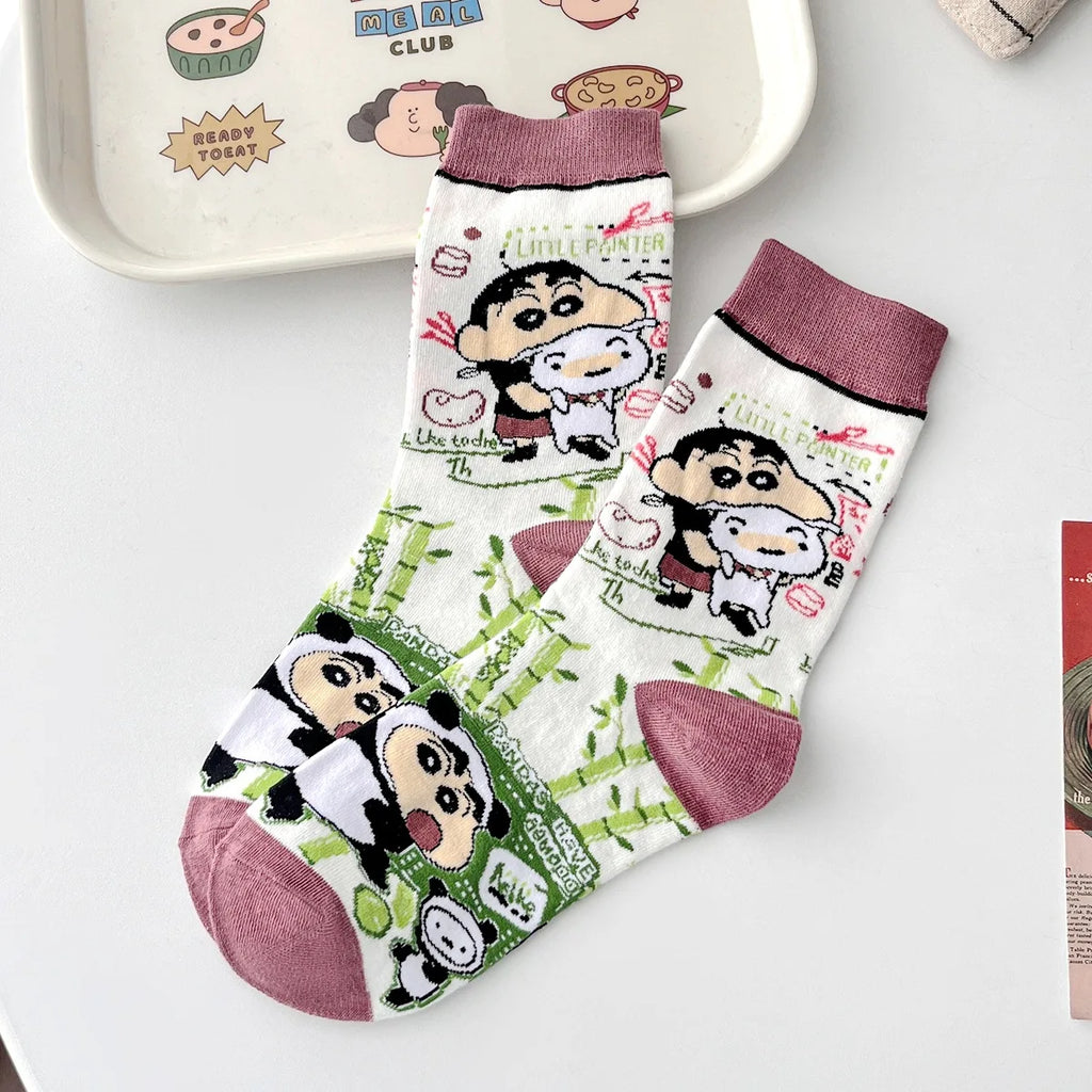 4 Pack Cotton Crayon Shin-Chan & Little Bear Socks - Mid Length Cotton Socks