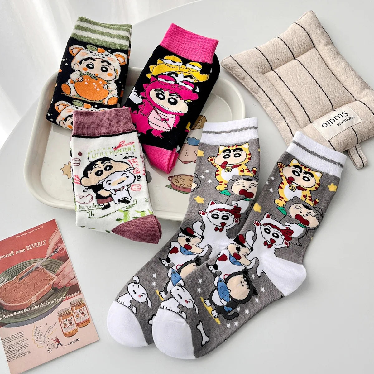 4 Pack Cotton Crayon Shin-Chan & Little Bear Socks - Mid Length Cotton Socks